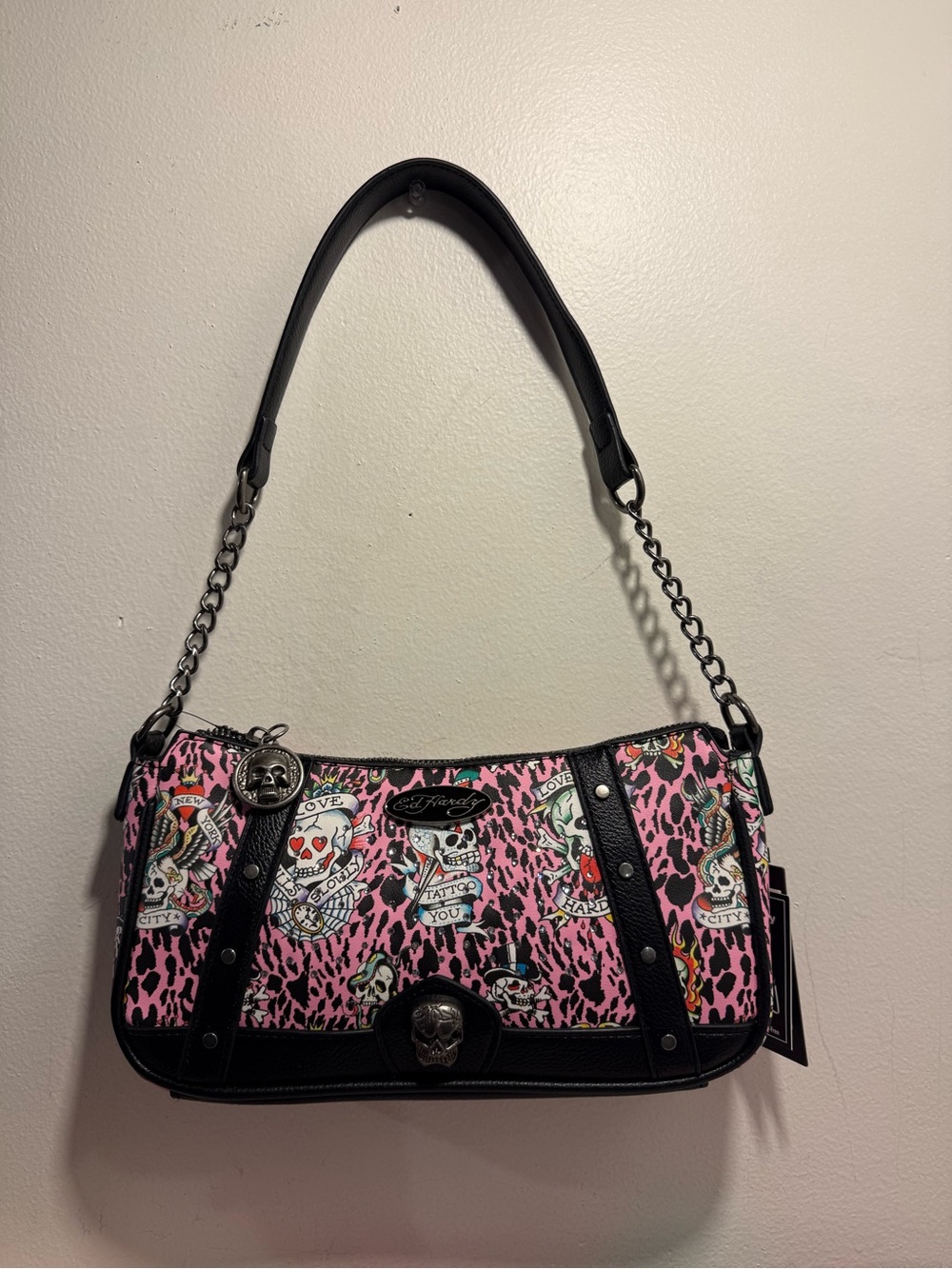 Ed Hardy shoulder crossbody Bag leopard print skull pink NWT